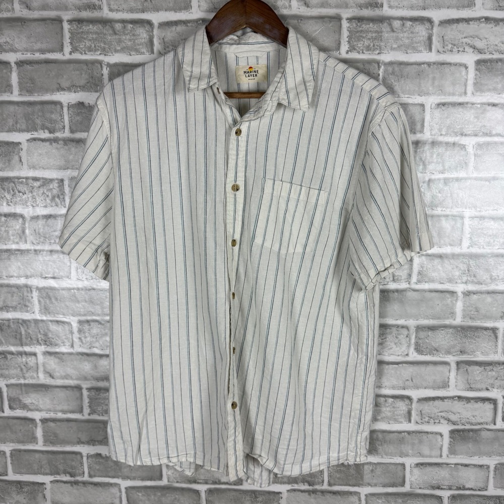 Marine Layer Mens Medium White Blue Striped Hemp Tencel Short Sleeve Shirt 14370